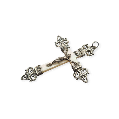 Cruz Art Nouveau francesa de plata y nácar, crucifijo religioso antiguo, ca. 1920–1930