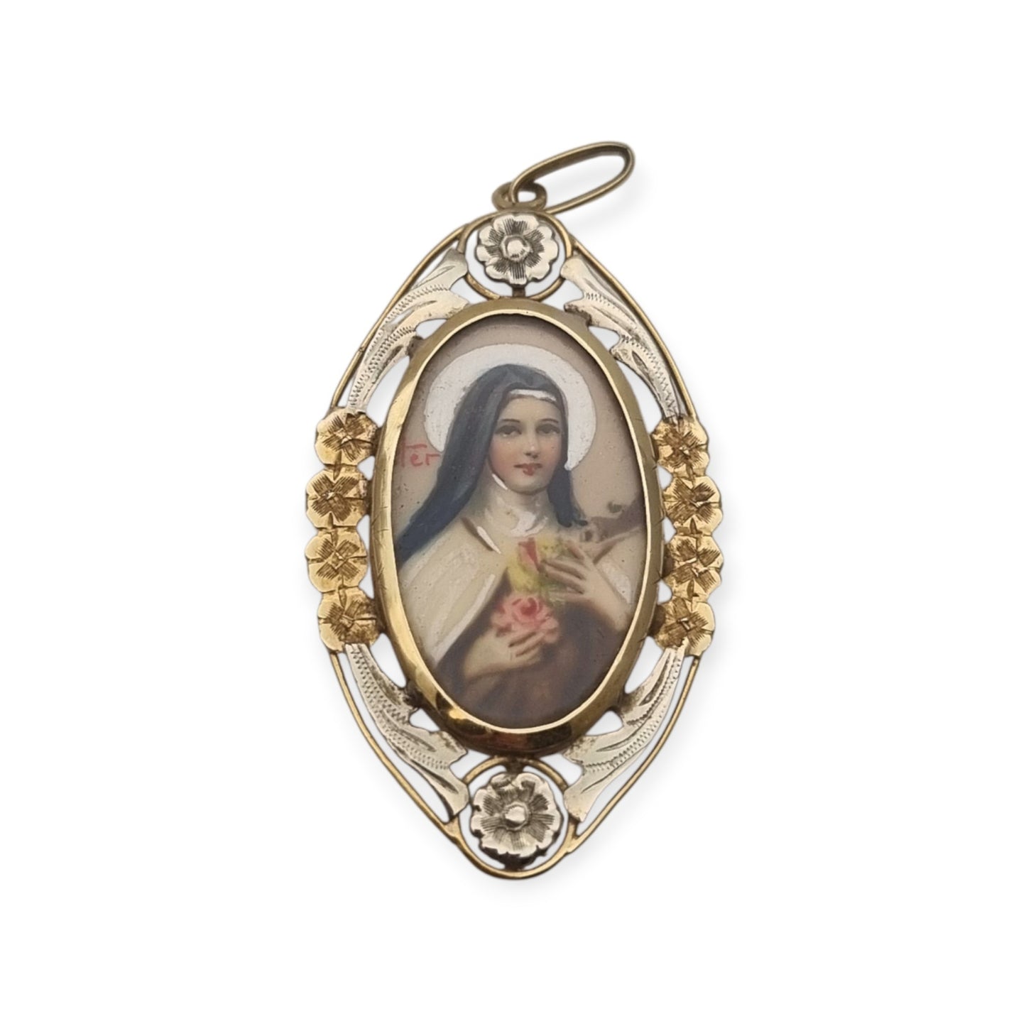 Medallón Santa Teresa de Lisieux en oro 18K bicolor, colgante religioso Art Déco floral, ca. 1925–1940