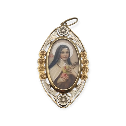 Medallón Santa Teresa de Lisieux en oro 18K bicolor, colgante religioso Art Déco floral, ca. 1925–1940