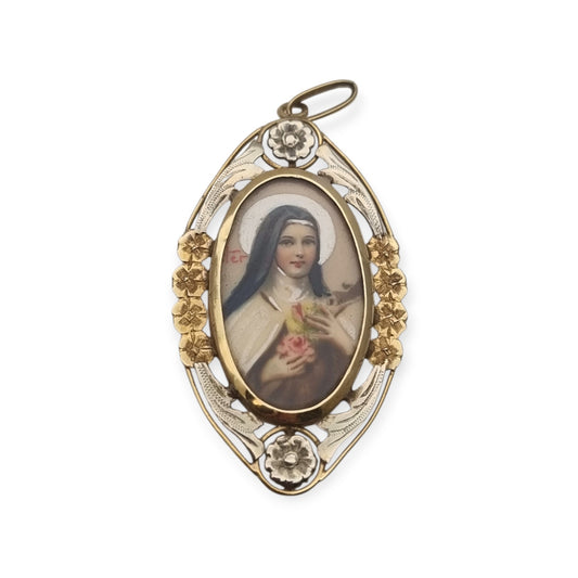 Medallón Santa Teresa de Lisieux en oro 18K bicolor, colgante religioso Art Déco floral, ca. 1925–1940