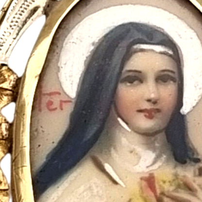 Medallón Santa Teresa de Lisieux en oro 18K bicolor, colgante religioso Art Déco floral, ca. 1925–1940