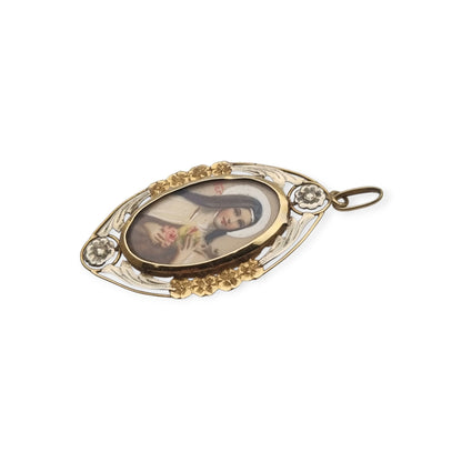 Medallón Santa Teresa de Lisieux en oro 18K bicolor, colgante religioso Art Déco floral, ca. 1925–1940