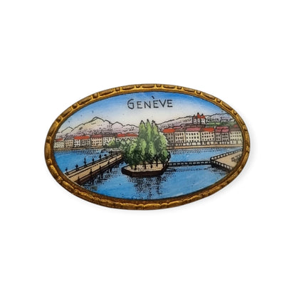 Vintage Geneva souvenir enamel brooch, Geneva view in gilt metal, tourist souvenir circa 1940-1955