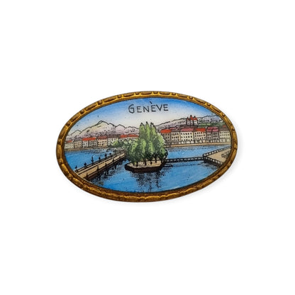 Vintage Geneva souvenir enamel brooch, Geneva view in gilt metal, tourist souvenir circa 1940-1955