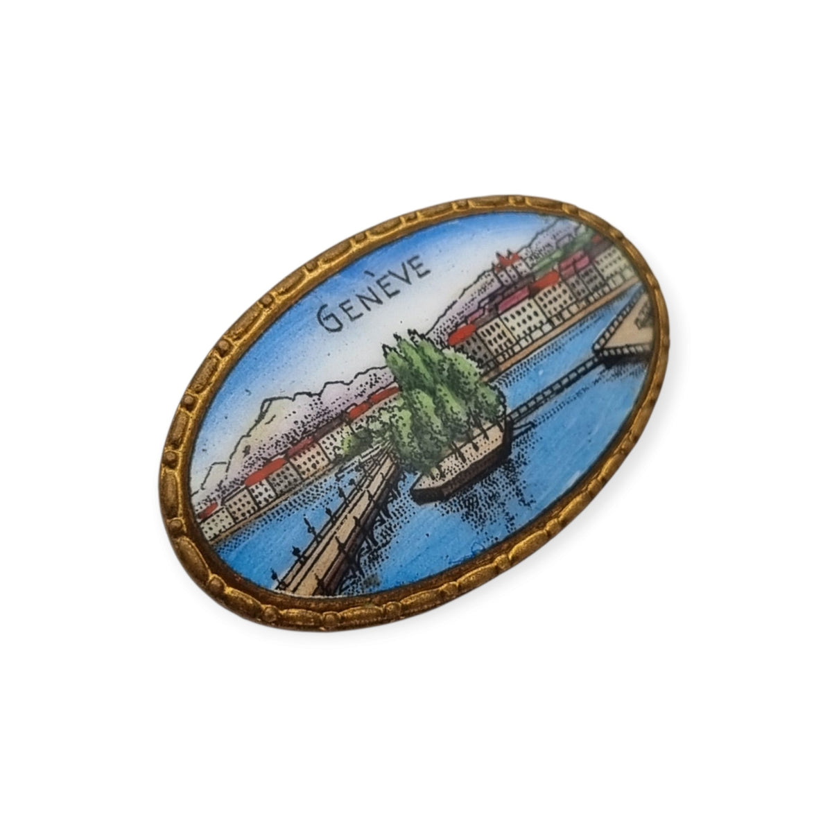 Vintage Geneva souvenir enamel brooch, Geneva view in gilt metal, tourist souvenir circa 1940-1955
