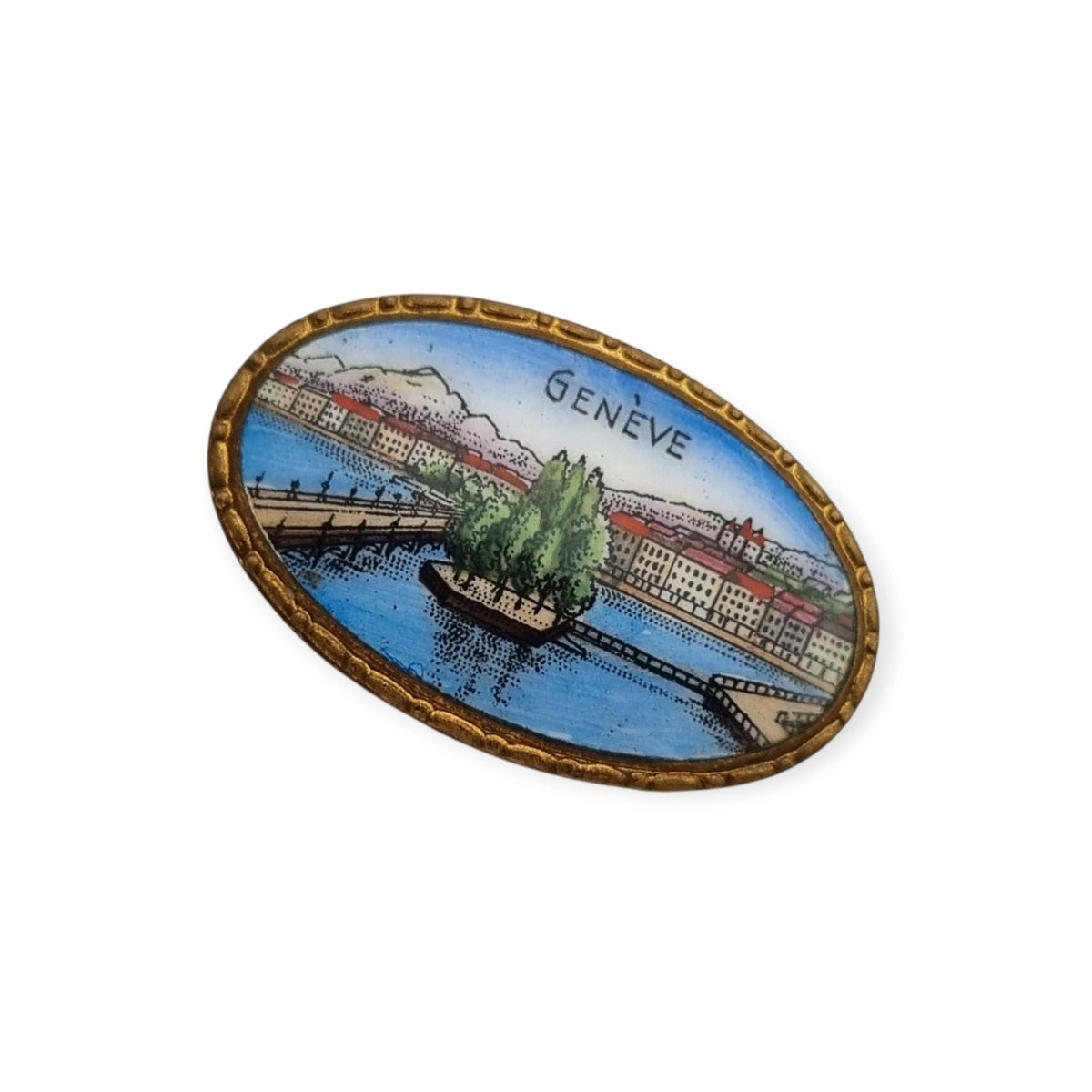 Vintage Geneva souvenir enamel brooch, Geneva view in gilt metal, tourist souvenir circa 1940-1955