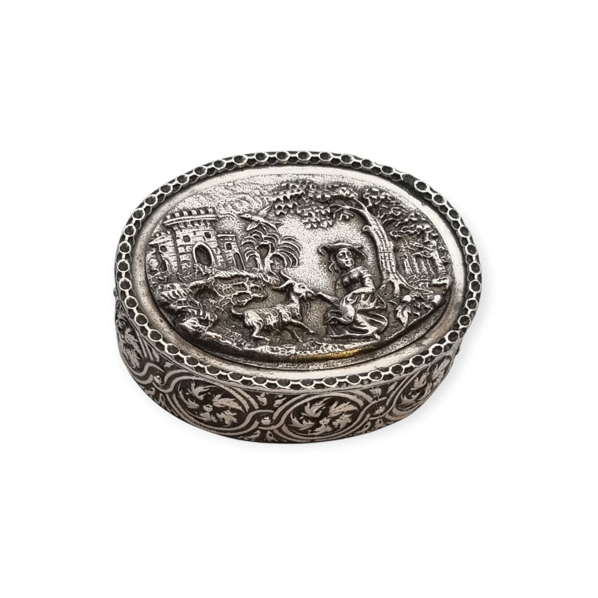 Rococo Revival oval silver box with gilt interior and pastoral scene in relief, circa 1940–1950