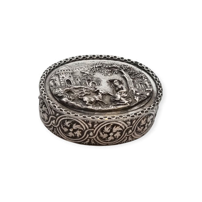 Rococo Revival oval silver box with gilt interior and pastoral scene in relief, circa 1940–1950
