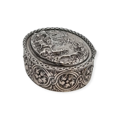 Rococo Revival oval silver box with gilt interior and pastoral scene in relief, circa 1940–1950
