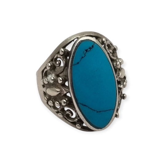 Anillo boho vintage en plata 925 con cabujón azul y filigrana ornamental, circa 1980–1990