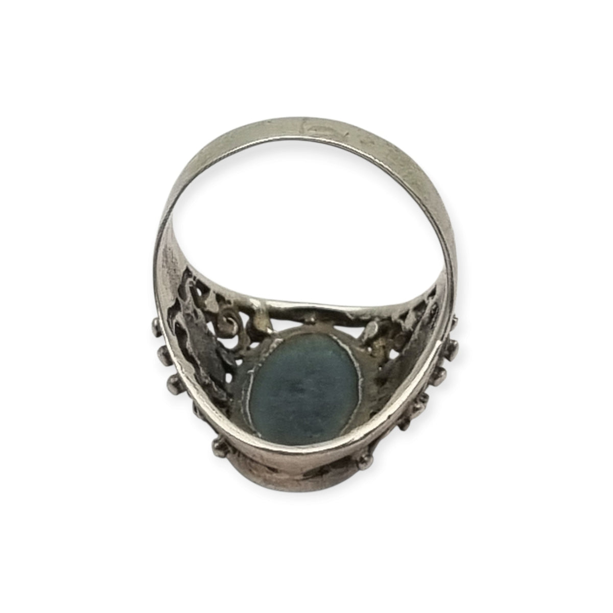 Vintage boho 925 silver ring with blue cabochon and ornamental filigree, circa 1980–1990