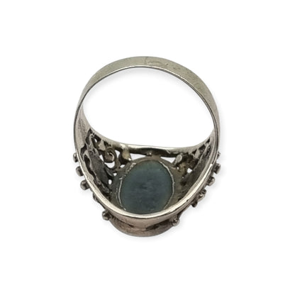 Vintage boho 925 silver ring with blue cabochon and ornamental filigree, circa 1980–1990