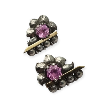Pendientes Art Déco en plata con vistas de oro y piedras rosas facetadas, circa 1930–1940