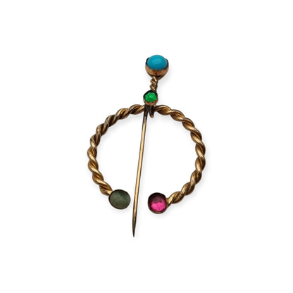 Historicism penannular fibula brooch in gilded metal, handcrafted, ca. 1940–1960