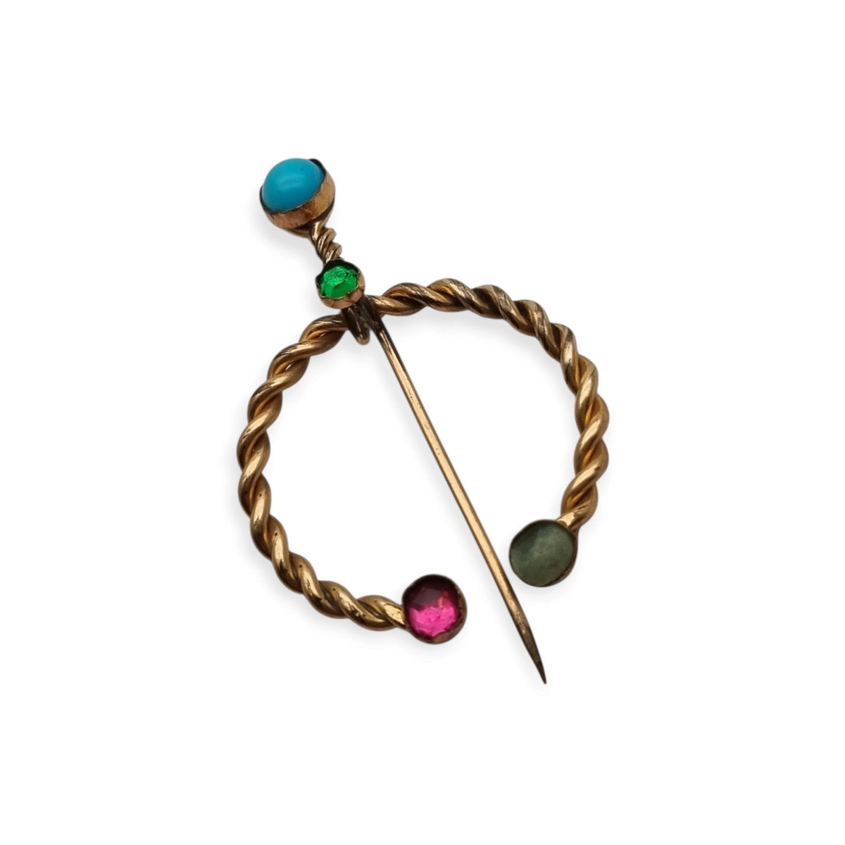 Historicism penannular fibula brooch in gilded metal, handcrafted, ca. 1940–1960