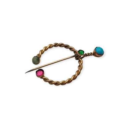 Historicism penannular fibula brooch in gilded metal, handcrafted, ca. 1940–1960