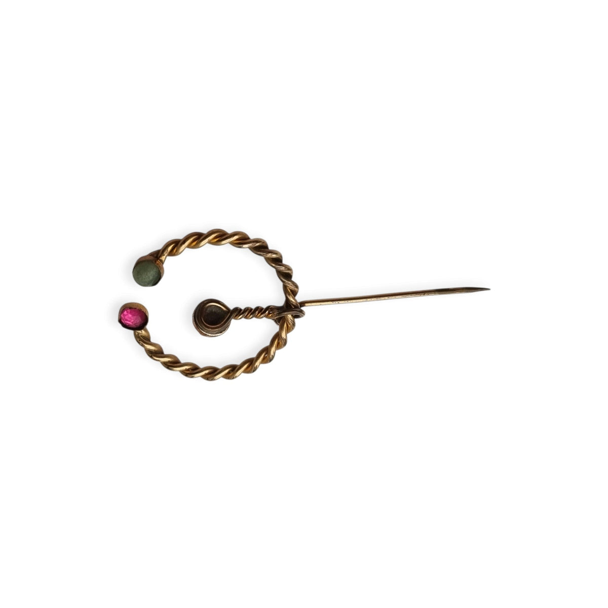 Historicism penannular fibula brooch in gilded metal, handcrafted, ca. 1940–1960