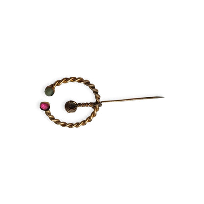 Historicism penannular fibula brooch in gilded metal, handcrafted, ca. 1940–1960