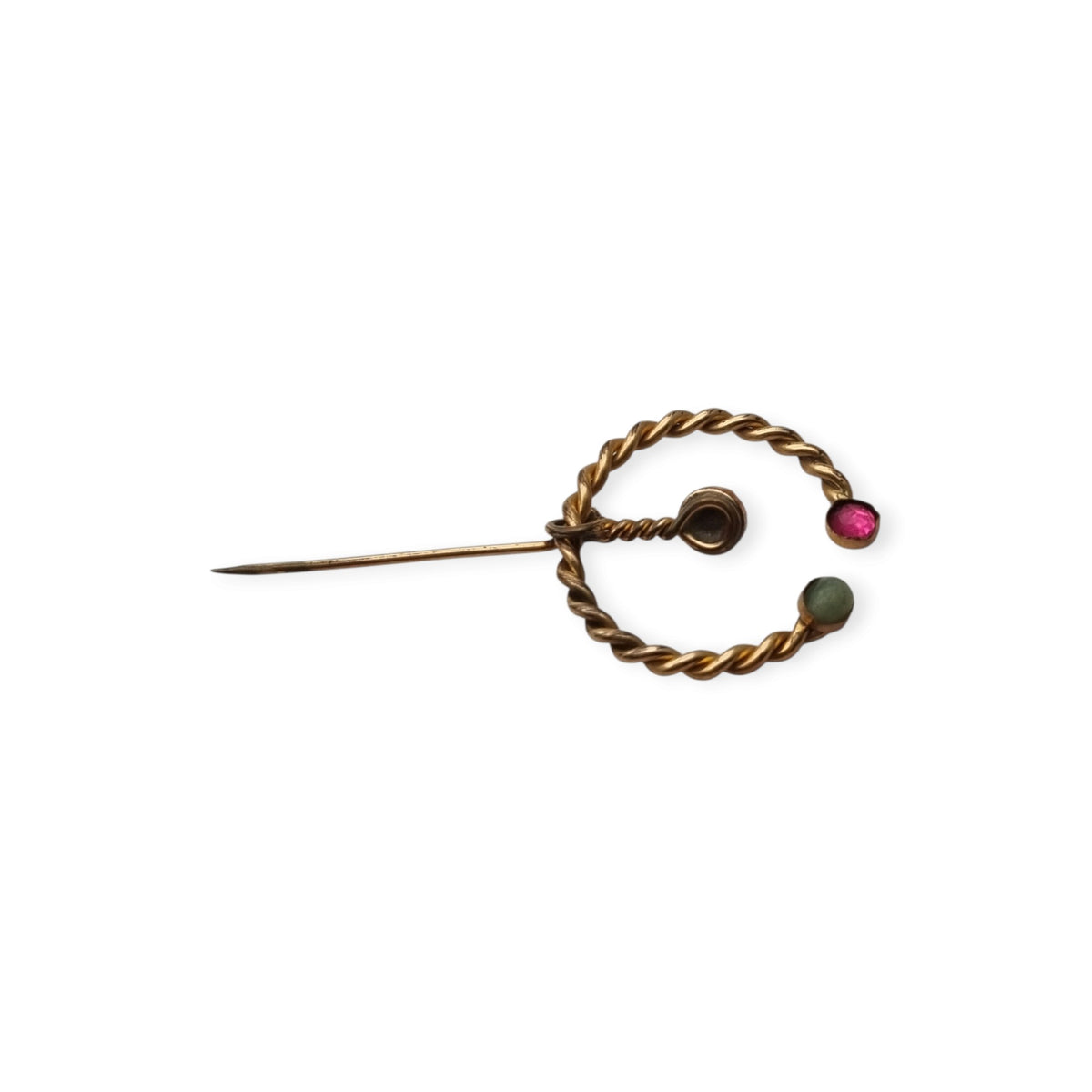 Historicism penannular fibula brooch in gilded metal, handcrafted, ca. 1940–1960