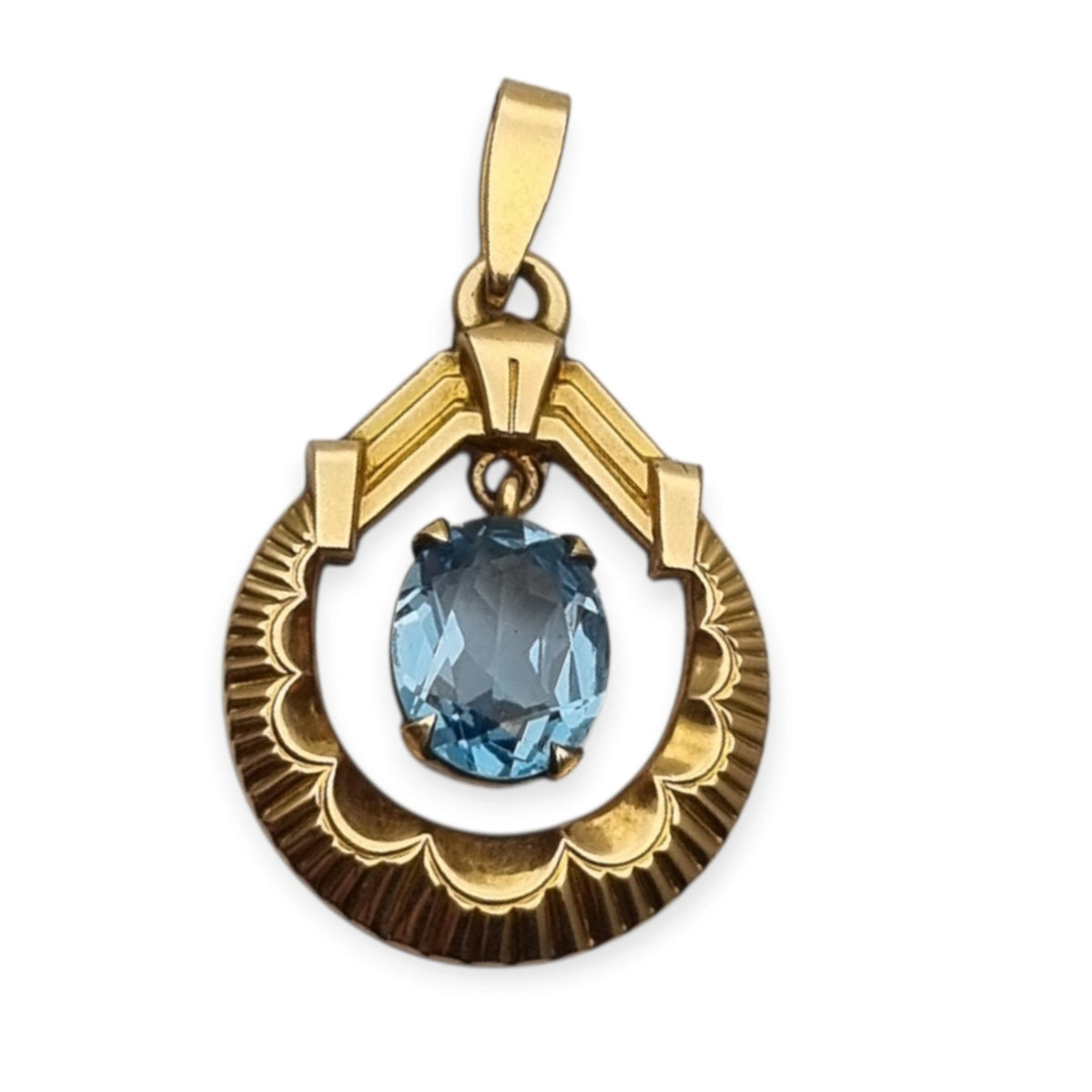 Colgante francés FIX Art Déco en oro laminado con piedra azul facetada, circa 1930–1940