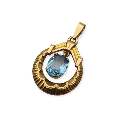 Colgante francés FIX Art Déco en oro laminado con piedra azul facetada, circa 1930–1940