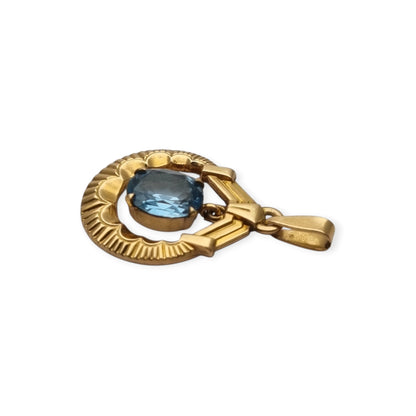 Colgante francés FIX Art Déco en oro laminado con piedra azul facetada, circa 1930–1940
