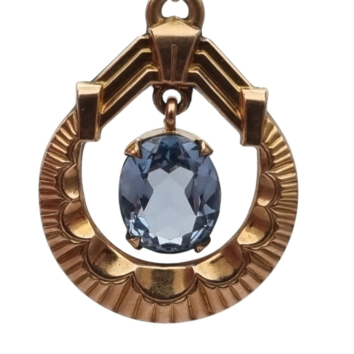 Colgante francés FIX Art Déco en oro laminado con piedra azul facetada, circa 1930–1940