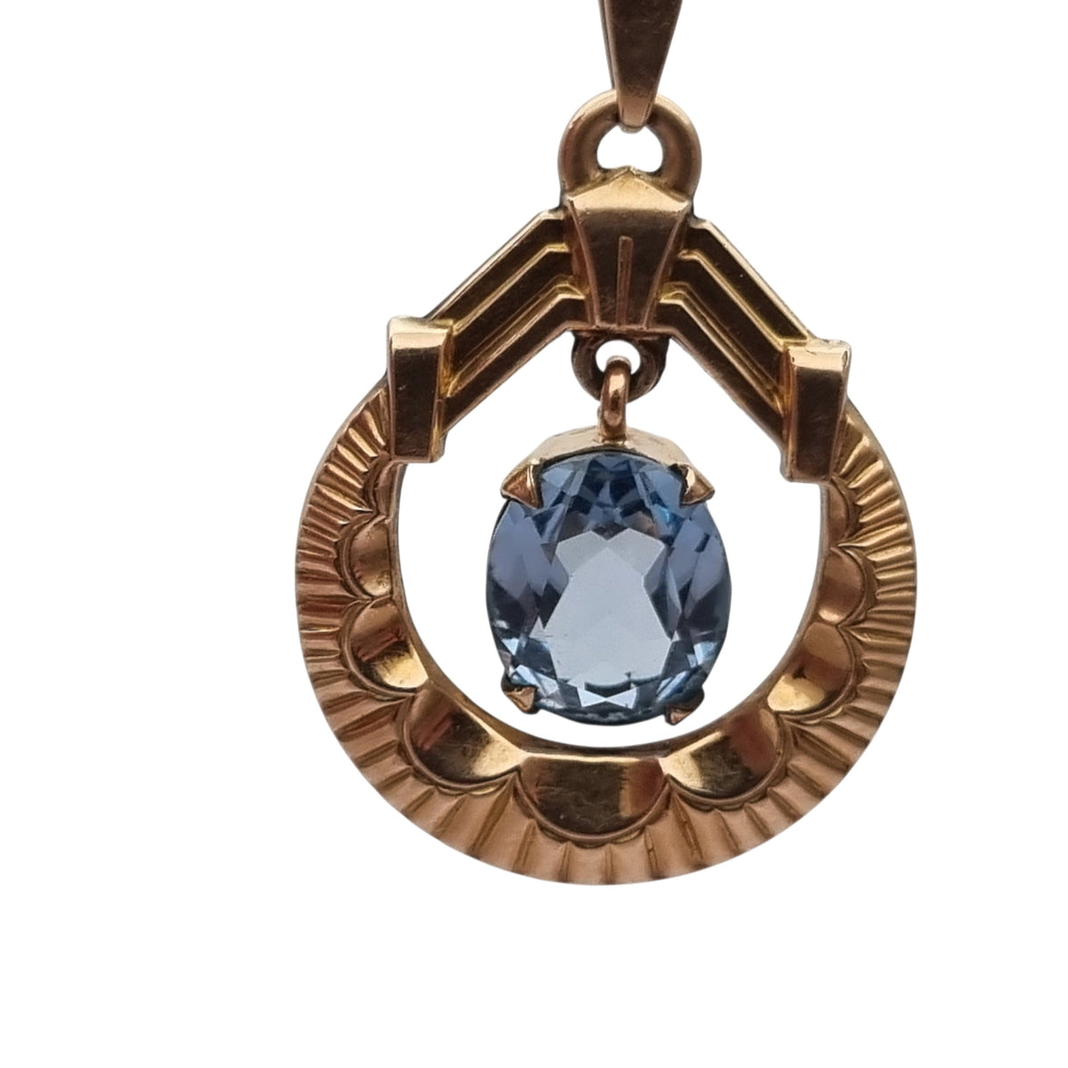 Colgante francés FIX Art Déco en oro laminado con piedra azul facetada, circa 1930–1940