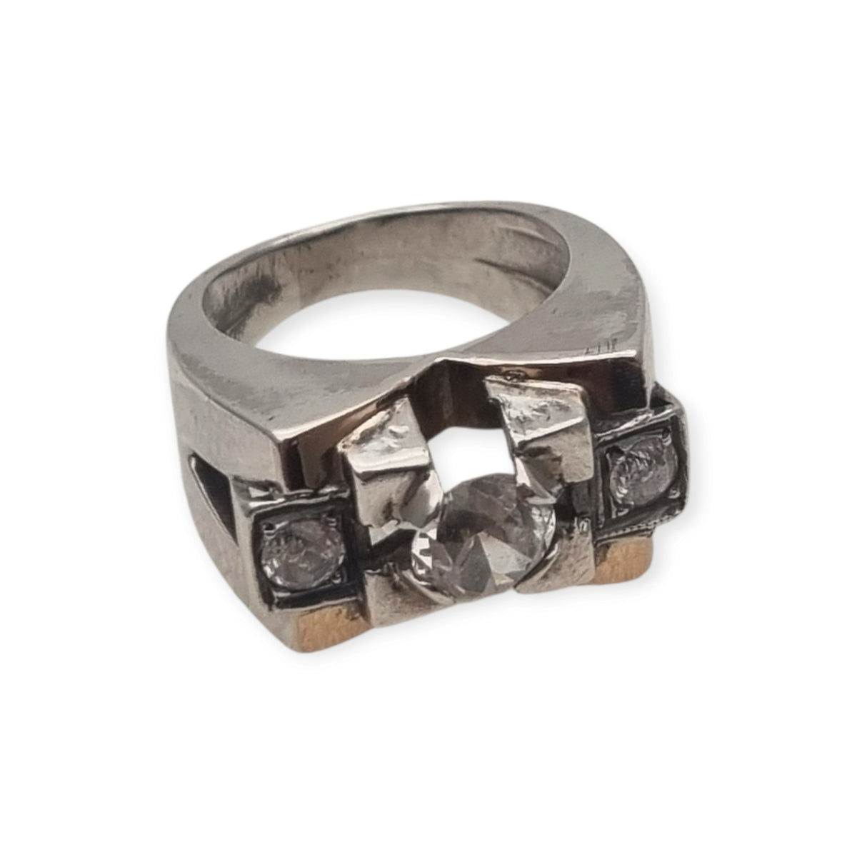 Art Deco ring in silver with gold accents and colorless stones, circa 1940–1950