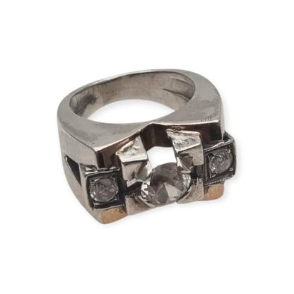 Art Deco ring in silver with gold accents and colorless stones, circa 1940–1950