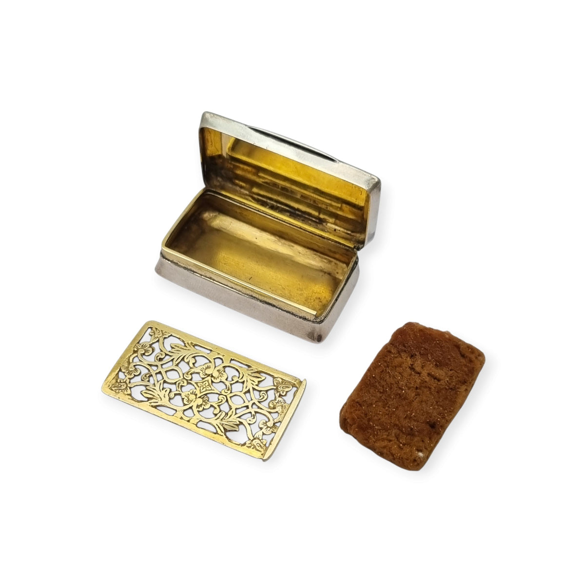 Vinaigrette antigua de plata victoriana con interior dorado y rejilla calada, circa 1850-1880