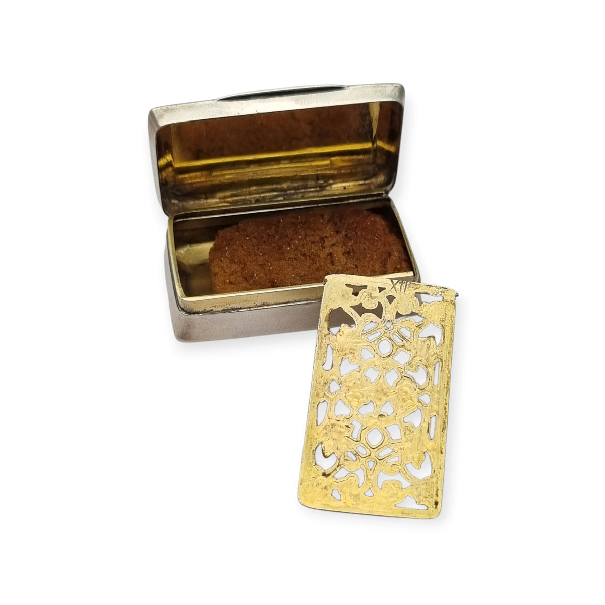 Vinaigrette antigua de plata victoriana con interior dorado y rejilla calada, circa 1850-1880