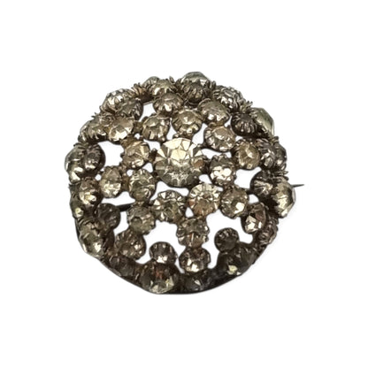 Vintage Art Deco circular button brooch in gold-tone metal and rhinestones, circa 1930-40