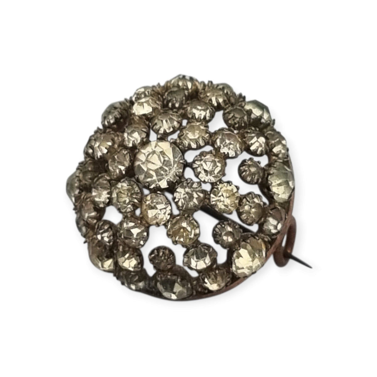 Vintage Art Deco circular button brooch in gold-tone metal and rhinestones, circa 1930-40