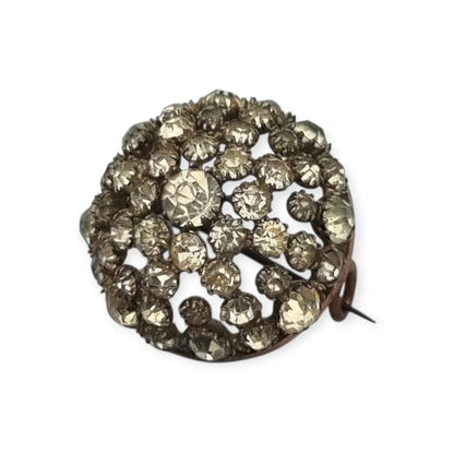 Vintage Art Deco circular button brooch in gold-tone metal and rhinestones, circa 1930-40
