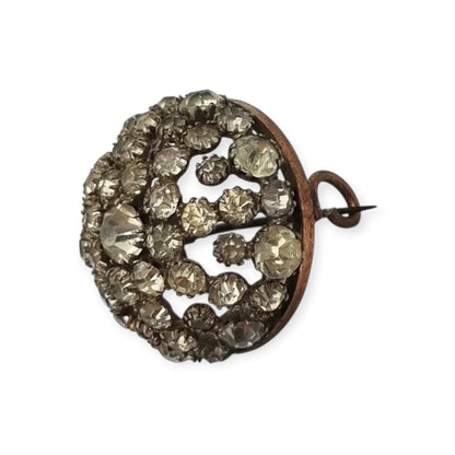 Vintage Art Deco circular button brooch in gold-tone metal and rhinestones, circa 1930-40