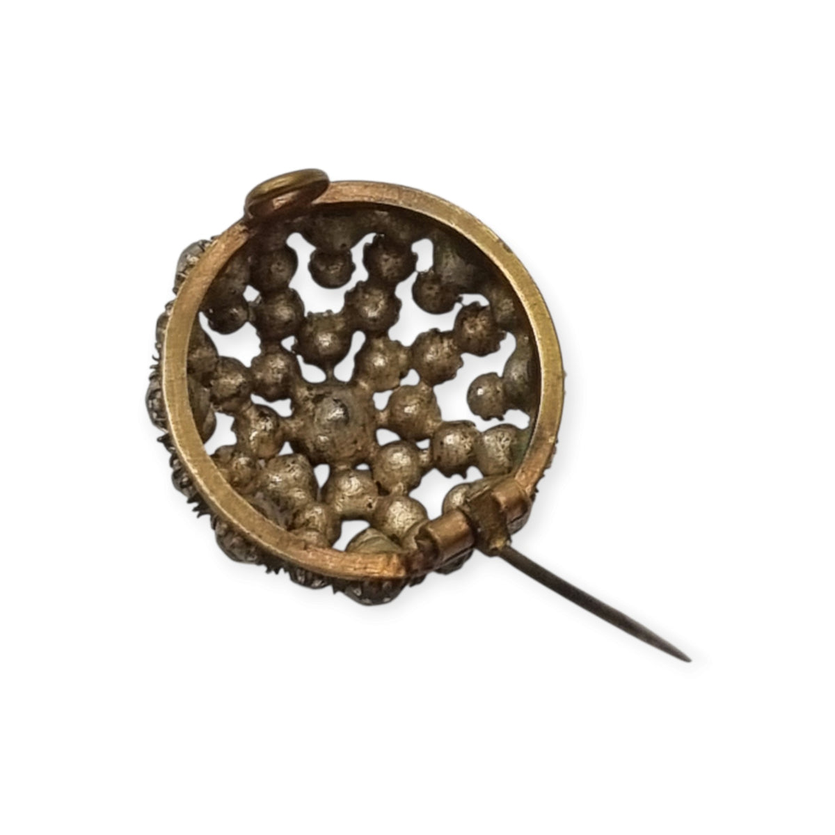 Vintage Art Deco circular button brooch in gold-tone metal and rhinestones, circa 1930-40