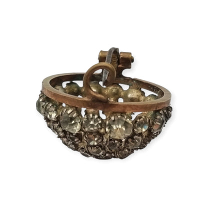 Vintage Art Deco circular button brooch in gold-tone metal and rhinestones, circa 1930-40