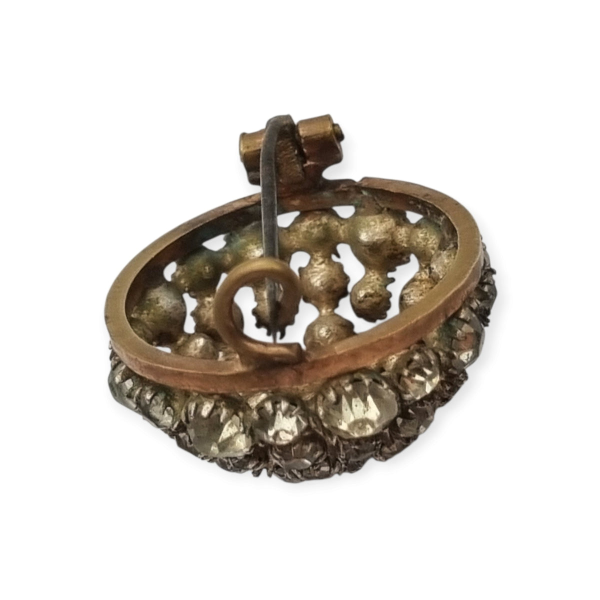 Vintage Art Deco circular button brooch in gold-tone metal and rhinestones, circa 1930-40