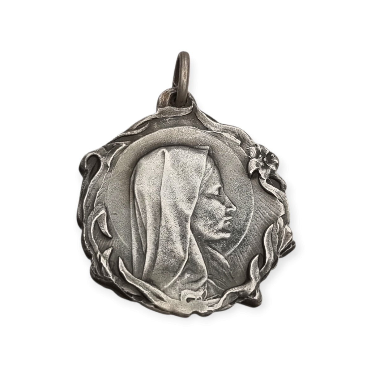 Antique Modernist Silver Madonna Medal, Art Nouveau Religious Jewelry, Spain, c. 1920