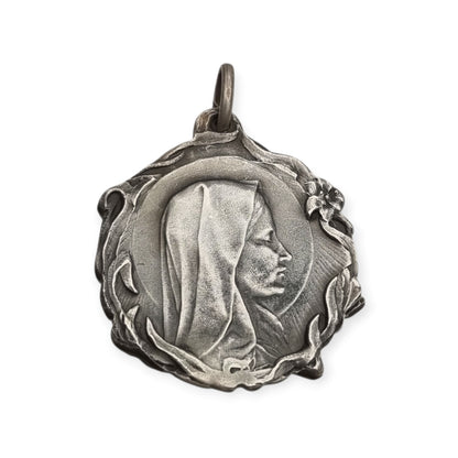 Antique Modernist Silver Madonna Medal, Art Nouveau Religious Jewelry, Spain, c. 1920