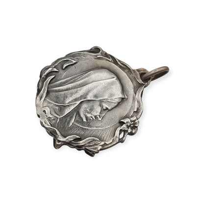 Antique Modernist Silver Madonna Medal, Art Nouveau Religious Jewelry, Spain, c. 1920