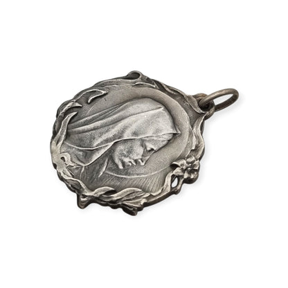 Antique Modernist Silver Madonna Medal, Art Nouveau Religious Jewelry, Spain, c. 1920