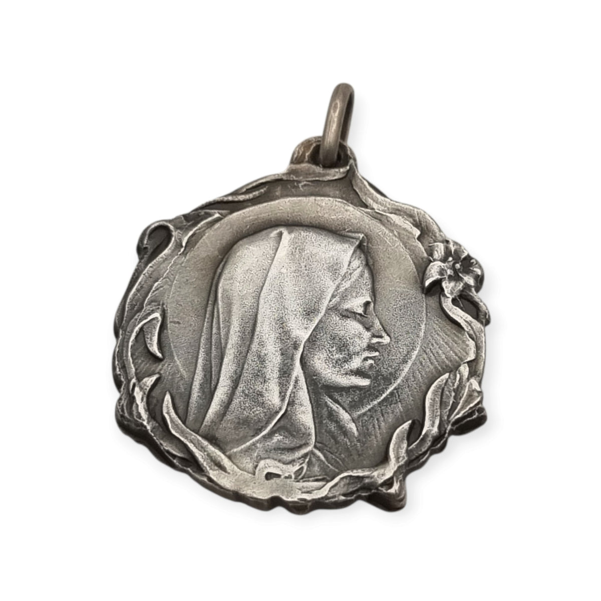 Antique Modernist Silver Madonna Medal, Art Nouveau Religious Jewelry, Spain, c. 1920