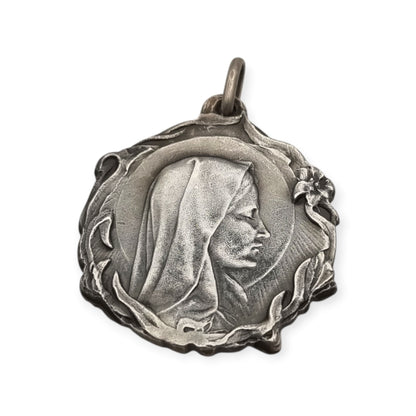 Antique Modernist Silver Madonna Medal, Art Nouveau Religious Jewelry, Spain, c. 1920