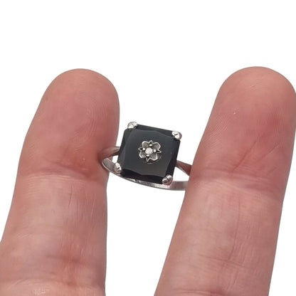 Anillo antiguo Art Déco de plata, ónix negro y topacio, circa 1920-1935