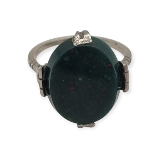 Vintage silver ring with bloodstone, Art Deco revival design, circa 1950