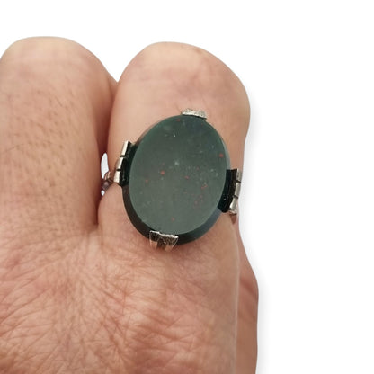 Vintage silver ring with bloodstone, Art Deco revival design, circa 1950