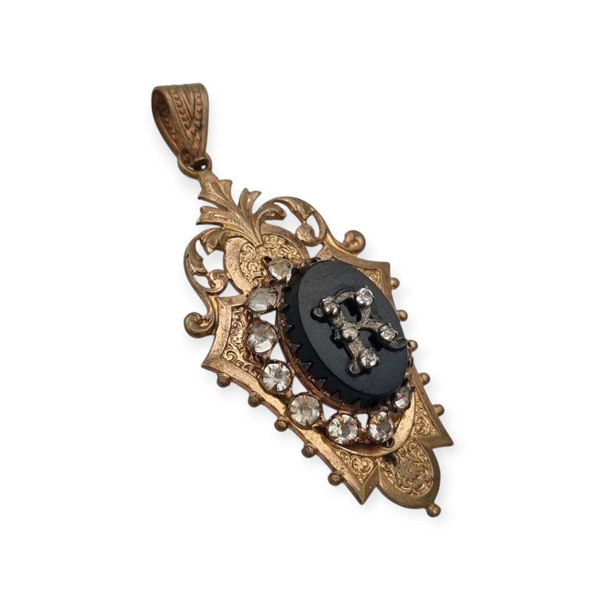 Antique Victorian mourning locket and sentimental jewelry with onyx and rhinestones, Spain, ca. 1890–1920