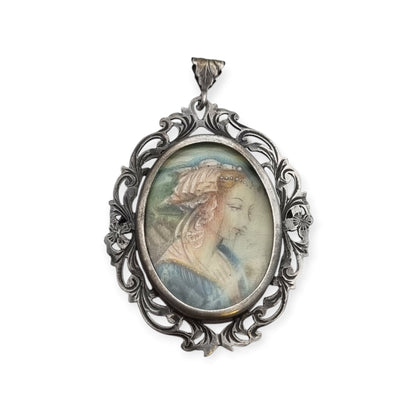 Art Nouveau 800 silver pendant brooch with miniature of a lady and floral frame, Europe, ca. 1900–1930